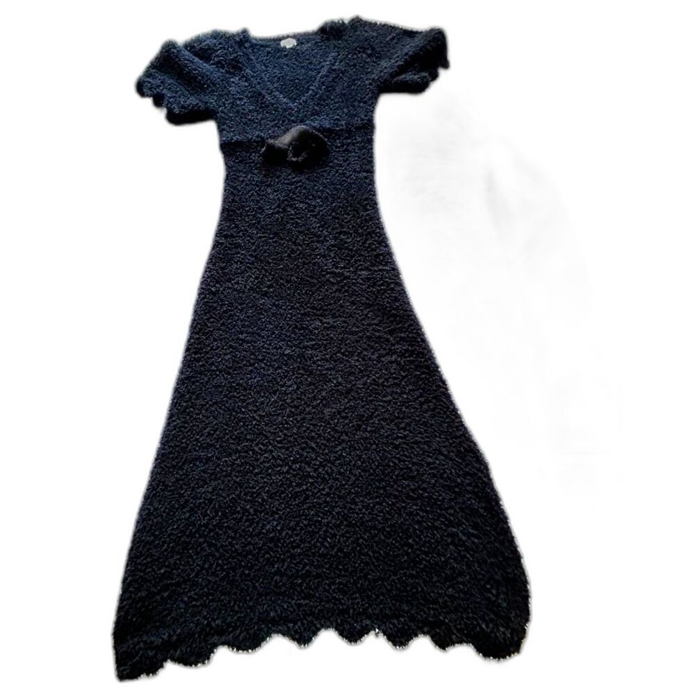 POL Black Textured Fuzzy Knit Maxi Dress Rosette Scalloped Hem